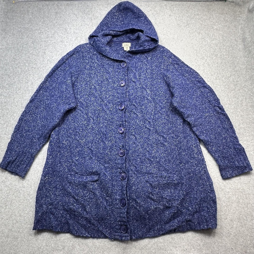 LL Bean‎ Sweater Cardigan Womens 3X Blue Hooded Button Front Wool Blend Knit
